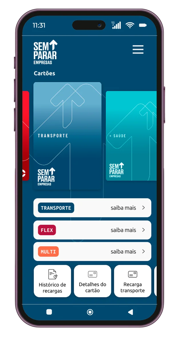 Celular com o app Sem Parar Empresas aberto na tela de cartões, mostrando os cartões Transporte, Flex e Multi